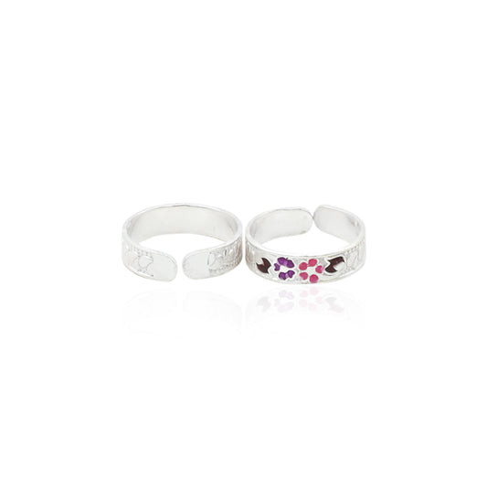 Handcrafted silver toe rings adorned with vibrant, colorful floral motifs