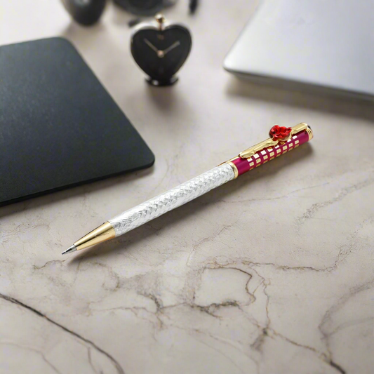 Silver pen featuring a beautiful red rose design