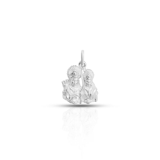 "Elegant silver pendant with intricate depictions of Ram Ji and Sita Mata