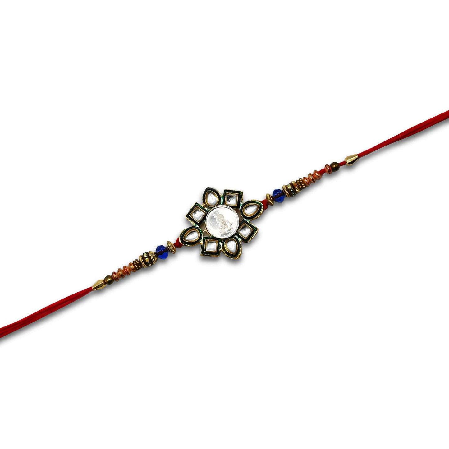 Silver Center Baal Gopal Flower Design with Multi Color Beads Rakhi for Boys