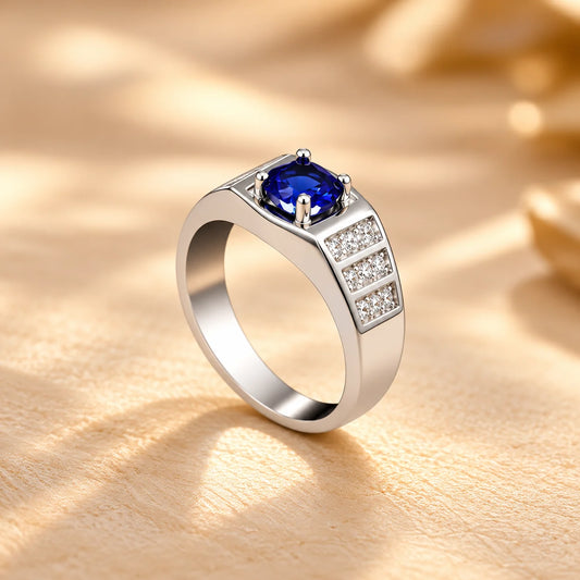 Stylish Round Blue Gemstone Silver Ring