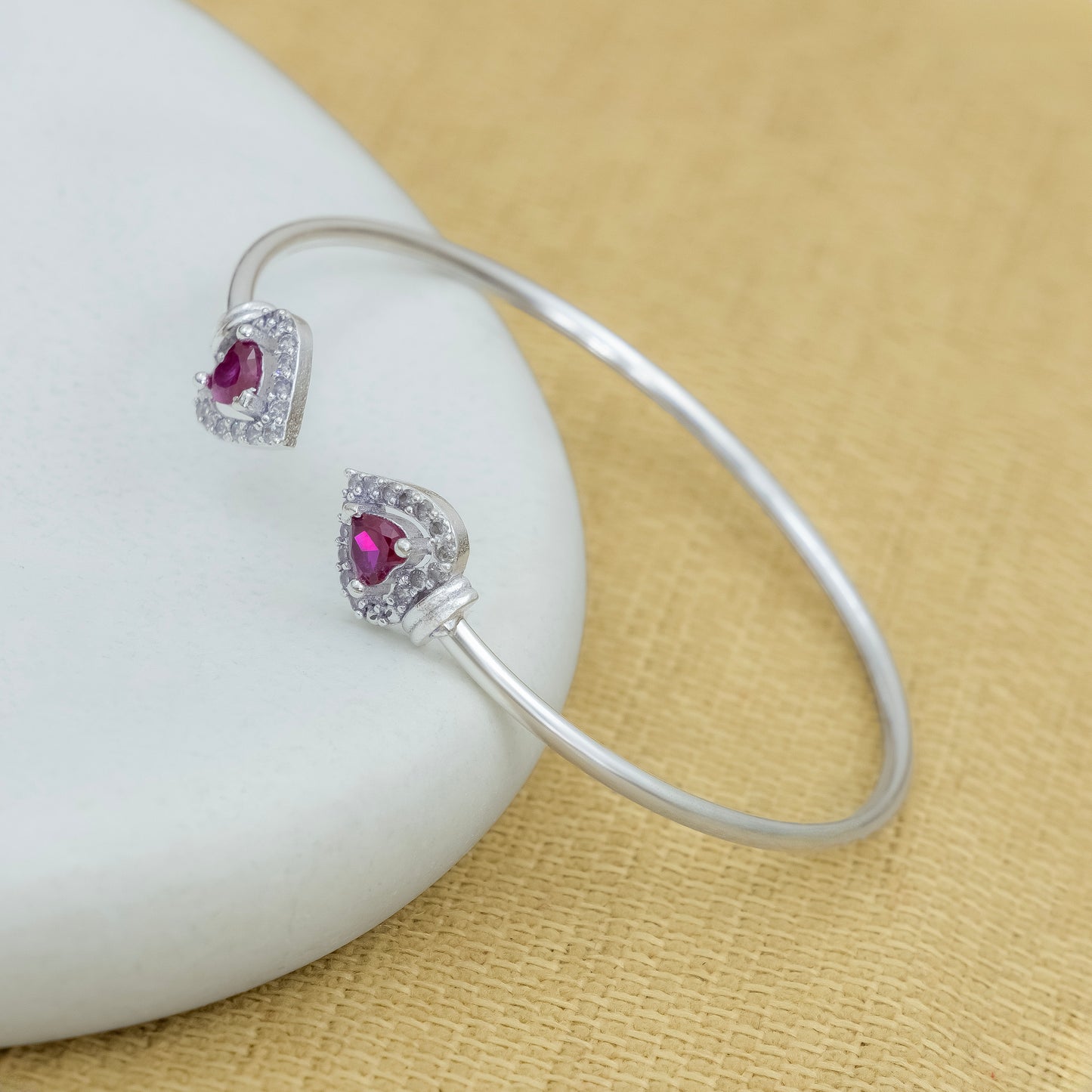 Elegant Silver Heart Ruby Stone Openable Bangle for Women