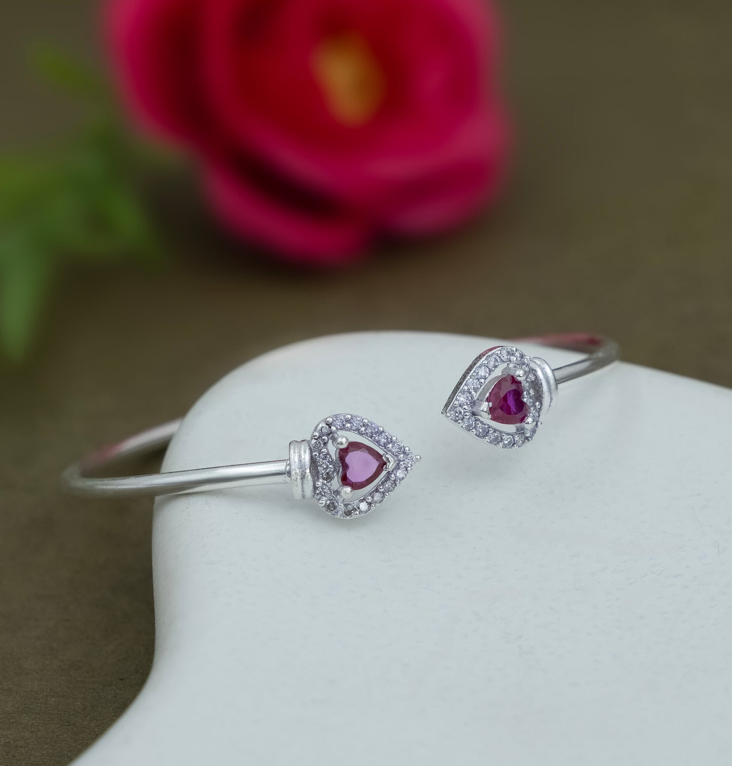 Elegant Silver Heart Ruby Stone Openable Bangle for Women