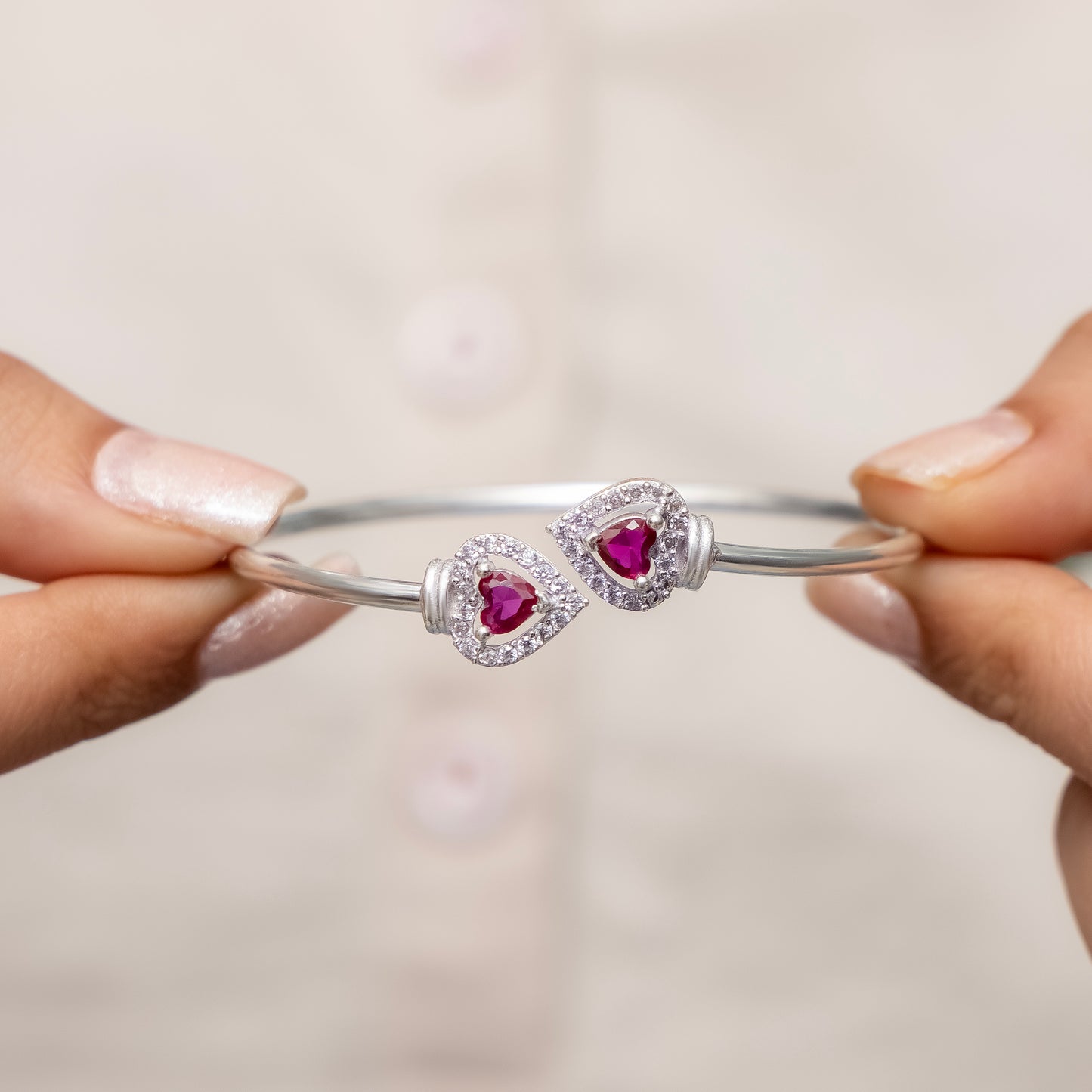 Elegant Silver Heart Ruby Stone Openable Bangle for Women