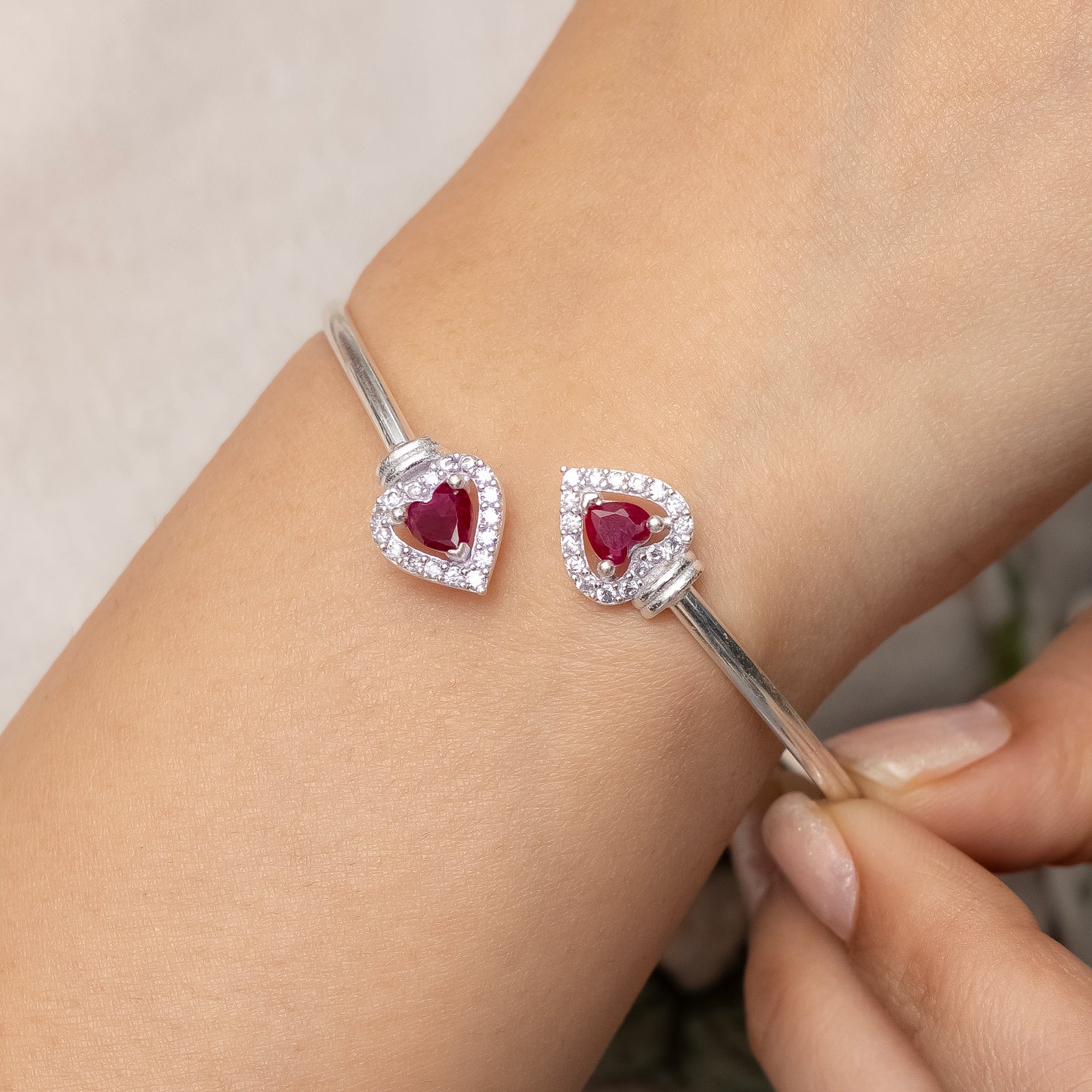 Elegant Silver Heart Ruby Stone Openable Bangle for Women