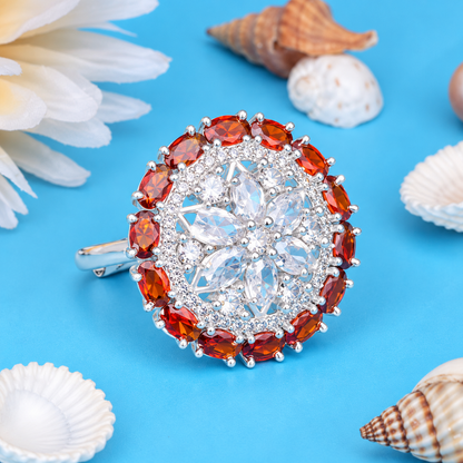 Silver Flower Ring with Orange Gems for Girls & Women.