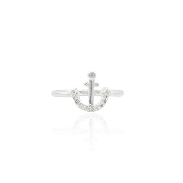 Silver sterling ring featuring an anchor symbol, representing stability and strength.