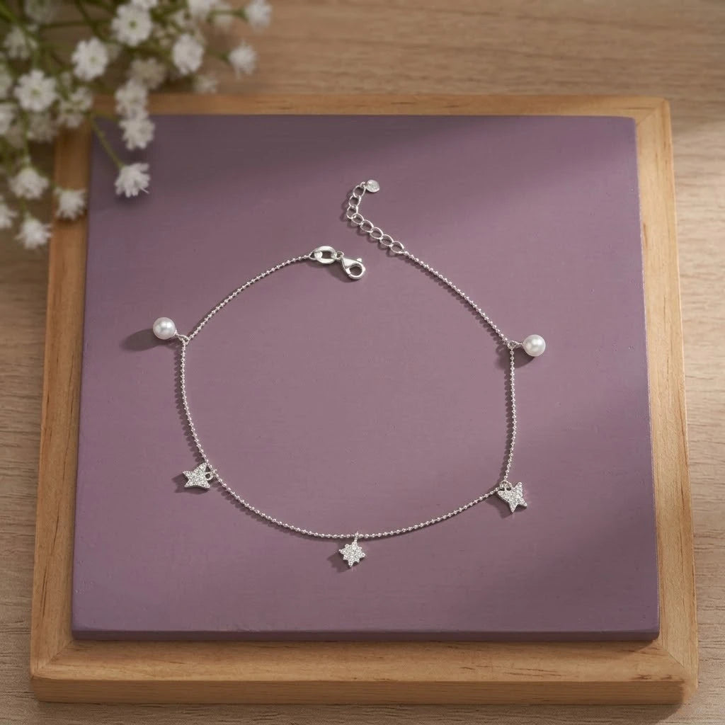Celestial Star Pearl Silver Anklet for Women