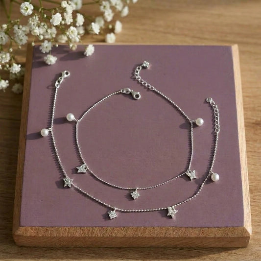Celestial Star Pearl Silver Anklet for Women