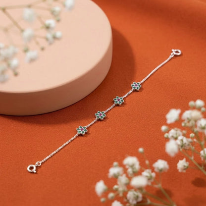 Dainty Silver Floral Charm Bracelet with Green & Pink Stones