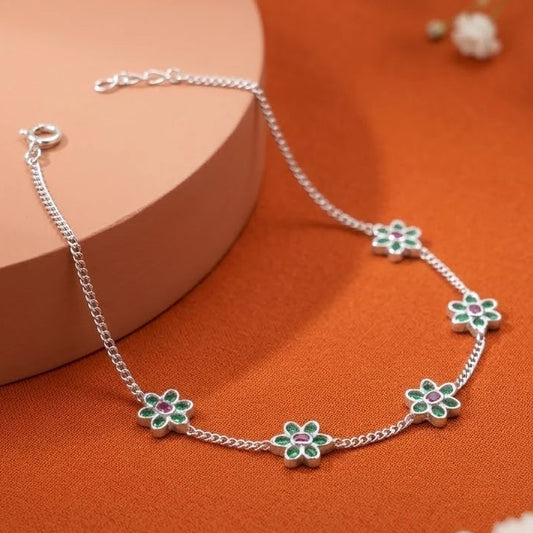 Dainty Silver Floral Charm Bracelet with Green & Pink Stones