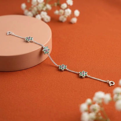 Dainty Silver Floral Charm Bracelet with Green & Pink Stones