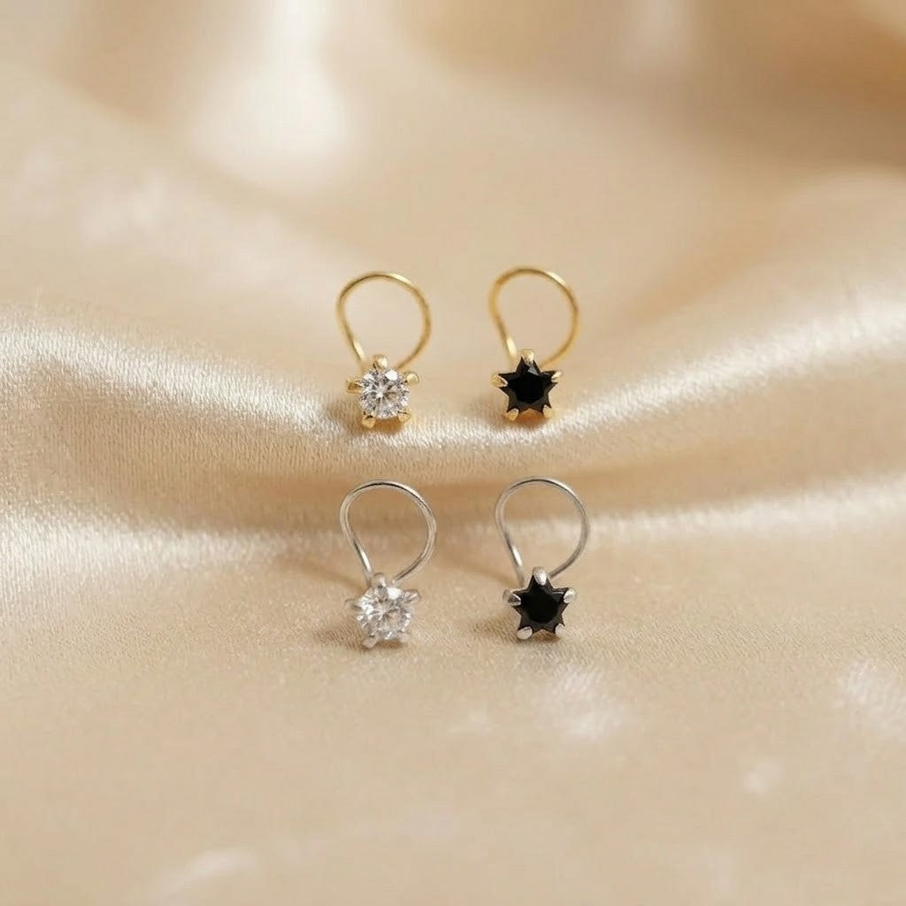 (Buy 1 get 1) Gold Polish Nose Pin with Star Multicolour Stones