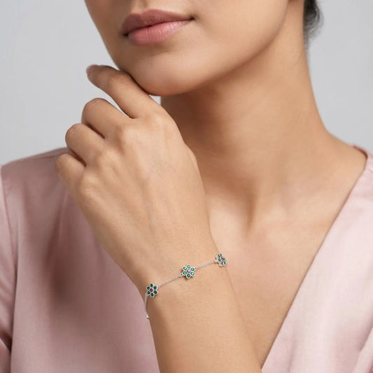 Dainty Silver Floral Charm Bracelet with Green & Pink Stones