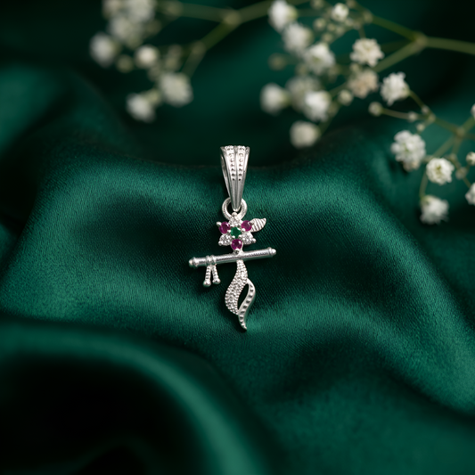Silver Krishna Flute Pendant Flower with Multicolor Stone for Women