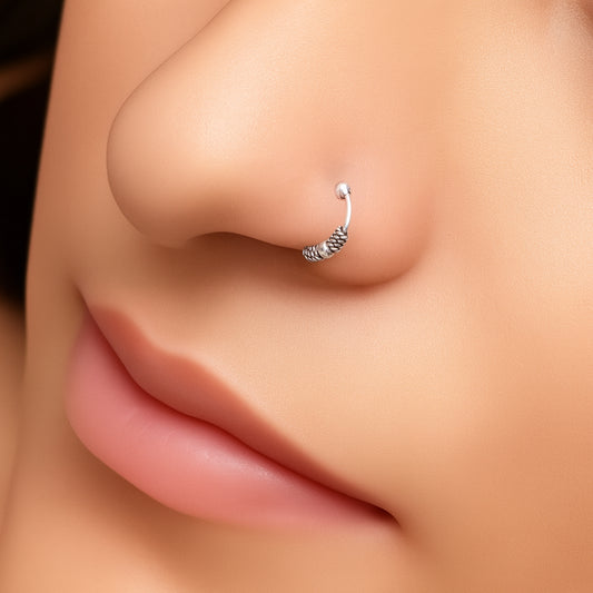 Silver Tribal Nose Ring Traditional Oxidised Nath Design