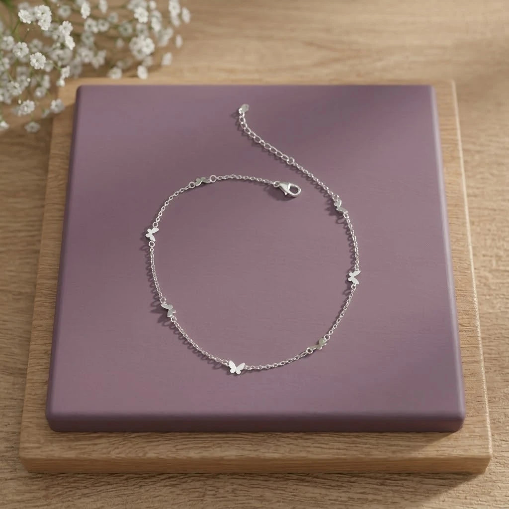 Delicate Tiny Butterfly Silver Anklet for Women