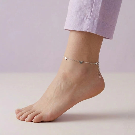 Delicate Tiny Butterfly Silver Anklet for Women