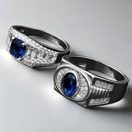 Sleek Sterling Silver Rings with Blue Center Stone - For Him & Her.