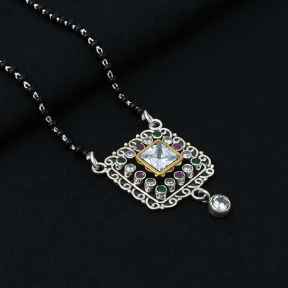 Chic sterling silver mangalsutra with a square-shaped pendant and a sparkling central CZ stone