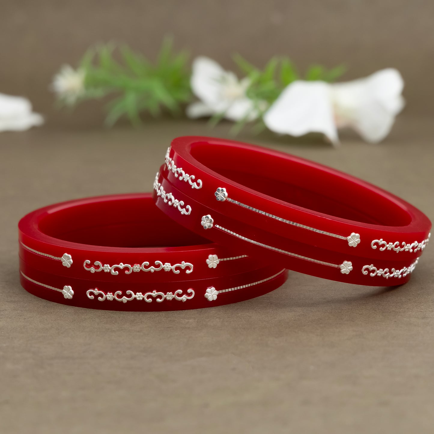 Red Bangles with Silver Floral Design