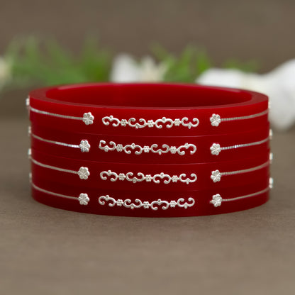 Red Bangles with Silver Floral Design