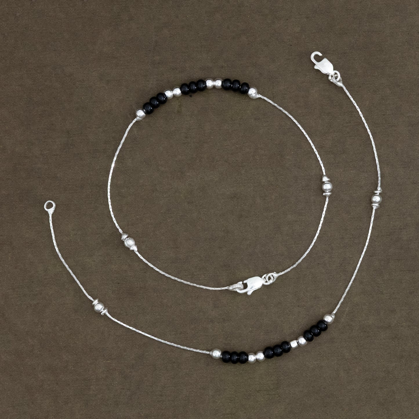 Daily Wear Silver Chain Anklet with Black Beads