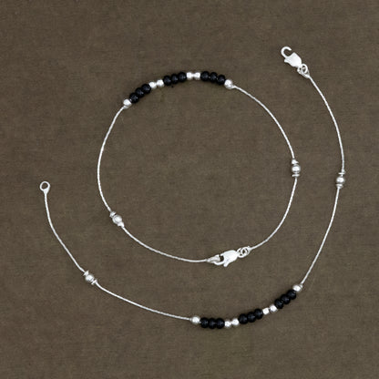 Daily Wear Silver Chain Anklet with Black Beads