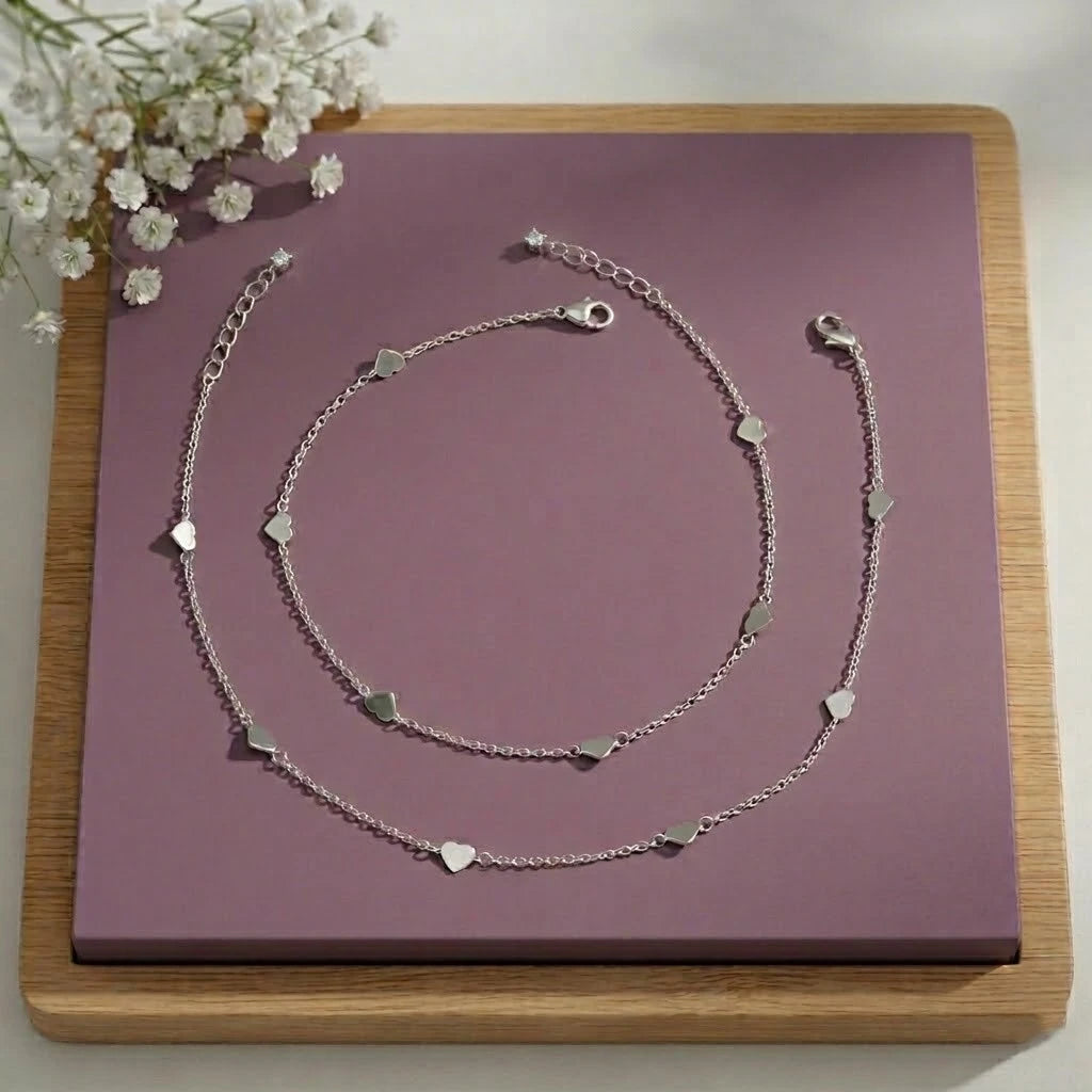 Tiny Heart Charm Silver Anklet Pair