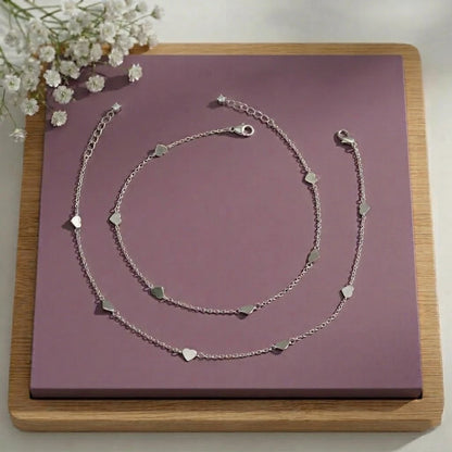 Tiny Heart Charm Silver Anklet Pair