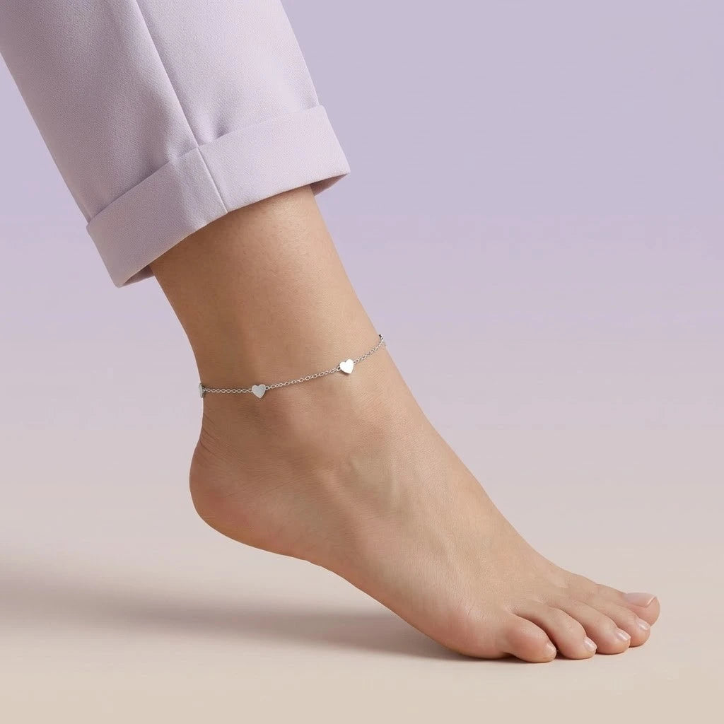 Tiny Heart Charm Silver Anklet Pair