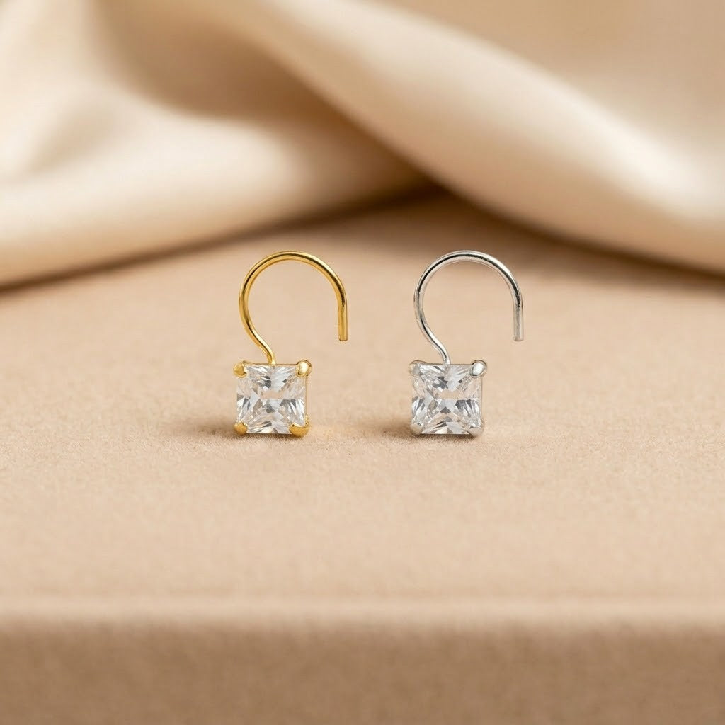 (Buy 1 get 1) Gold Polish Nose Pin with Square Multicolour Stones