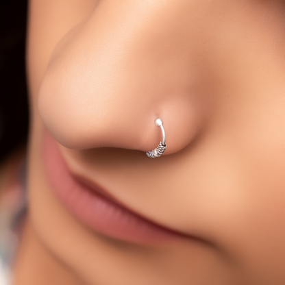 Silver Tribal Nose Ring Traditional Oxidised Nath Design