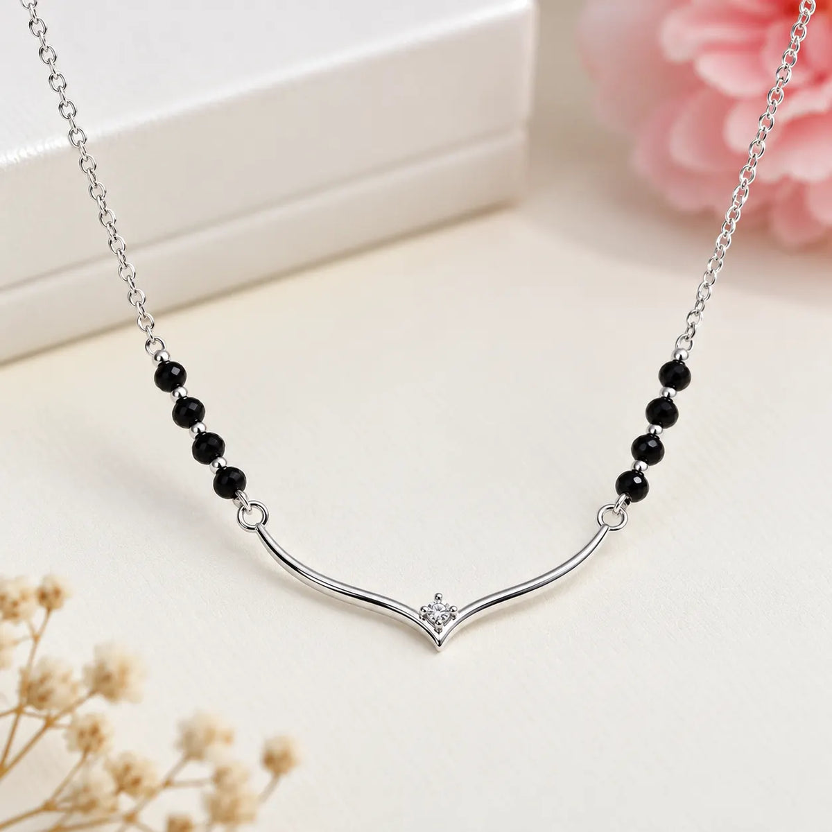 Lightweight V Curve Silver Mangalsutra Necklace