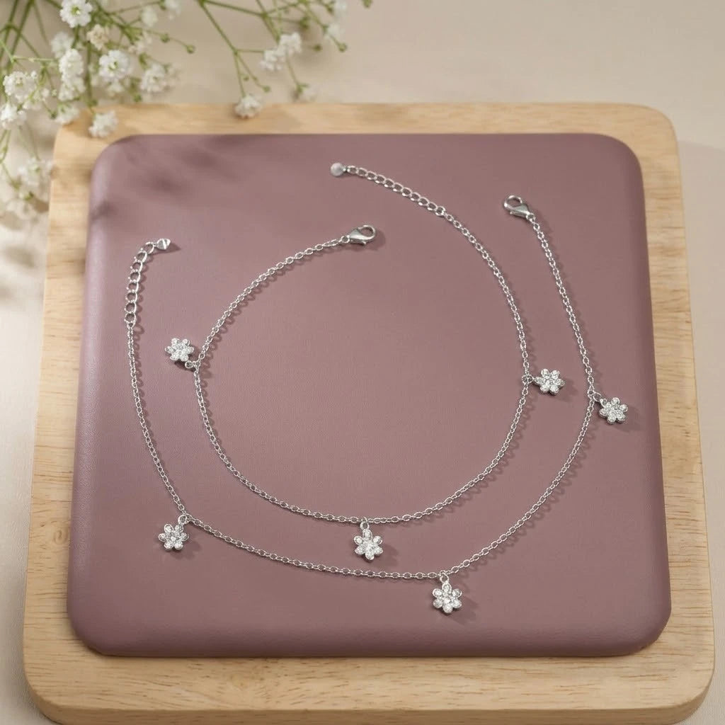 Bloom Flower Charm Silver Anklet Pair