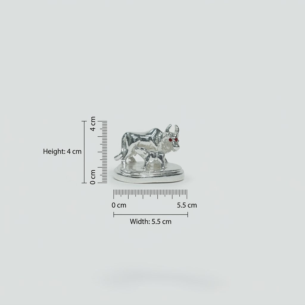 Kamdhenu Cow and Calf Idol - Beautiful Silver Polished Decorative Statue