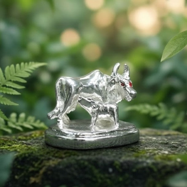 Kamdhenu Cow and Calf Idol - Beautiful Silver Polished Decorative Statue