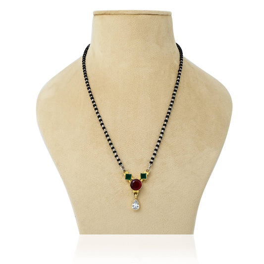 925 silver mangalsutra with premium gold plating and a vibrant red gemstone centerpiece