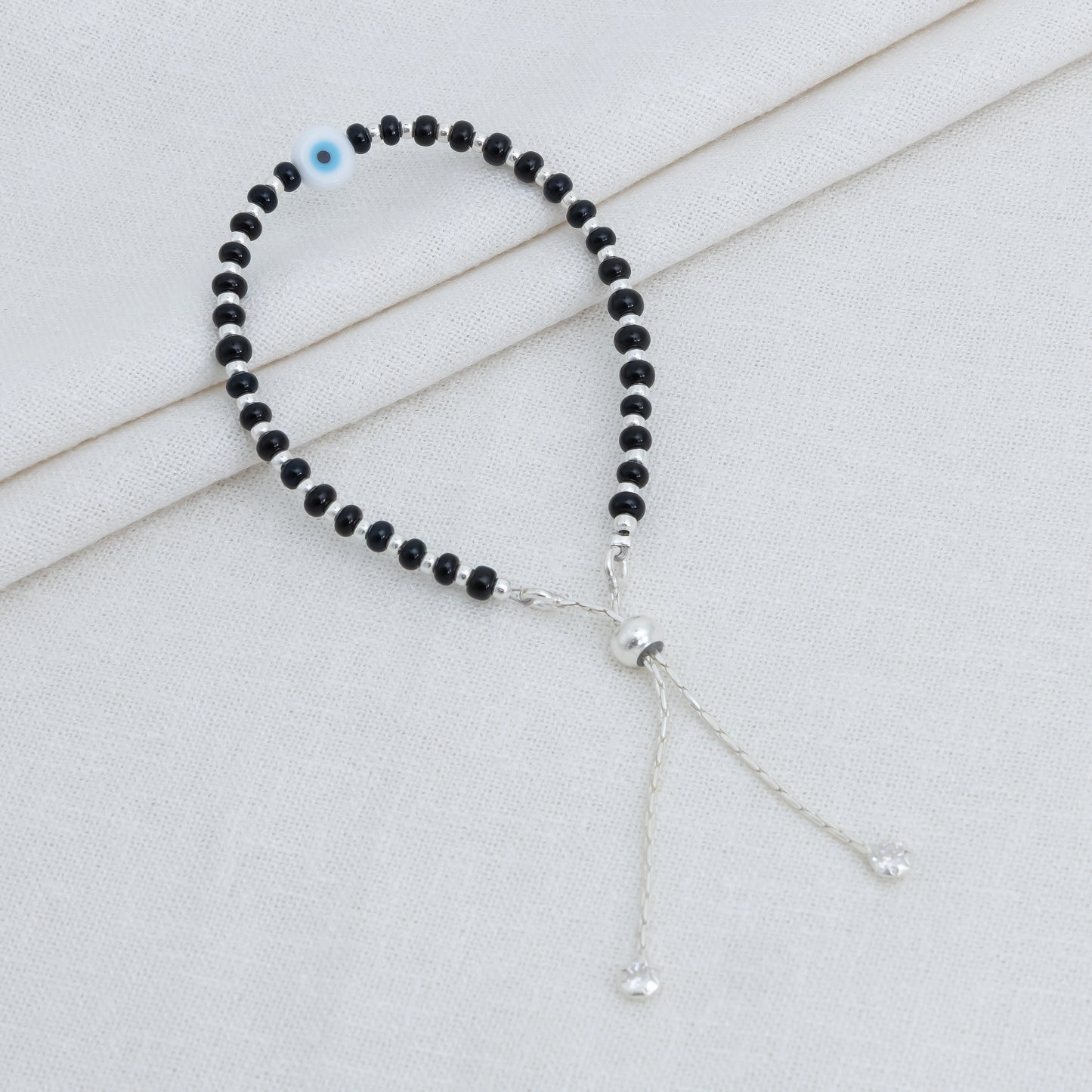 Adjustable Black Beads Silver Chain Bracelet
