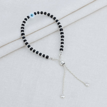 Adjustable Black Beads Silver Chain Bracelet