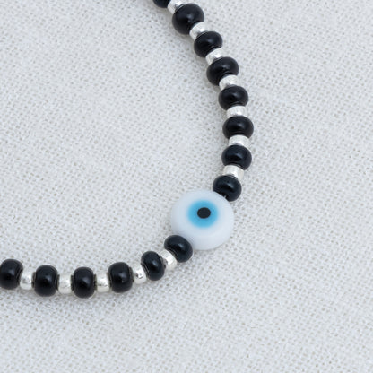 Adjustable Black Beads Silver Chain Bracelet