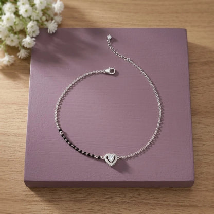 Black Bead Heart Silver Anklet Set