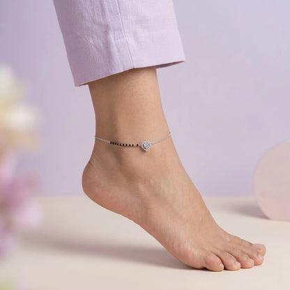Black Bead Heart Silver Anklet Set