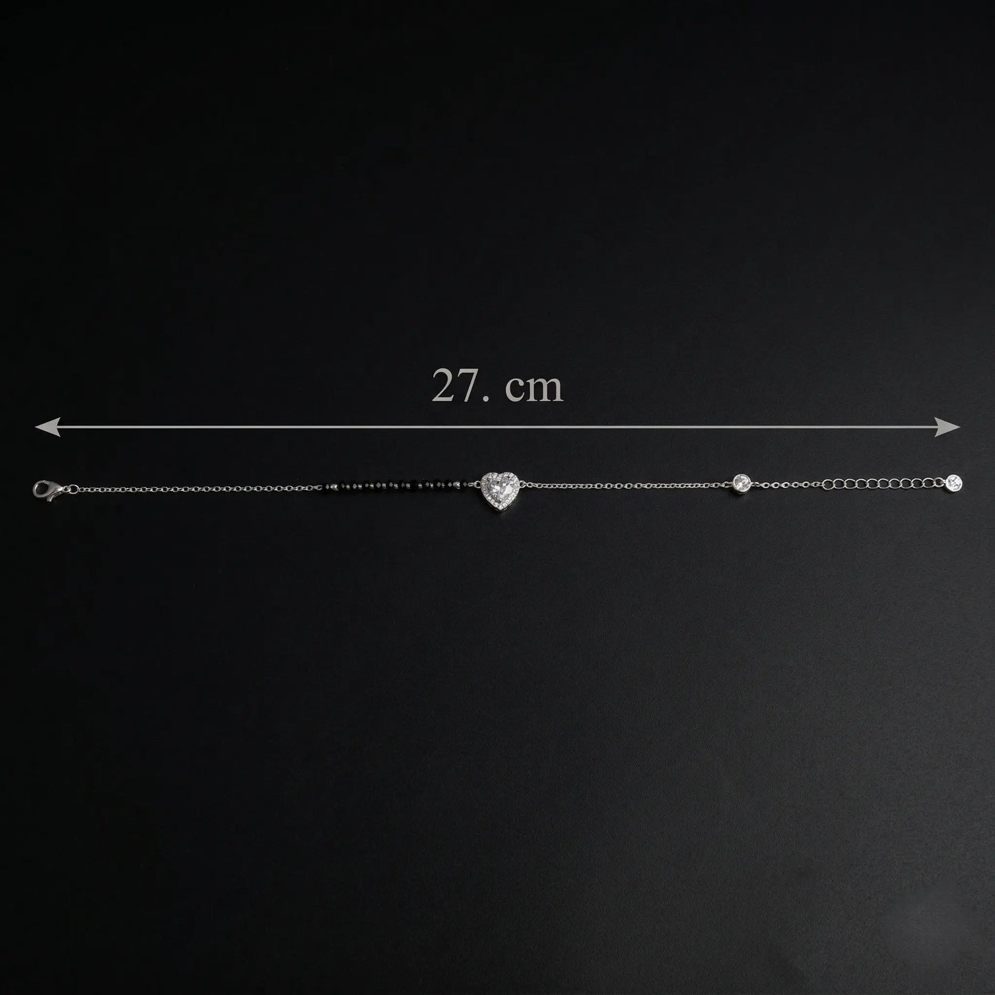 Black Bead Heart Silver Anklet Set