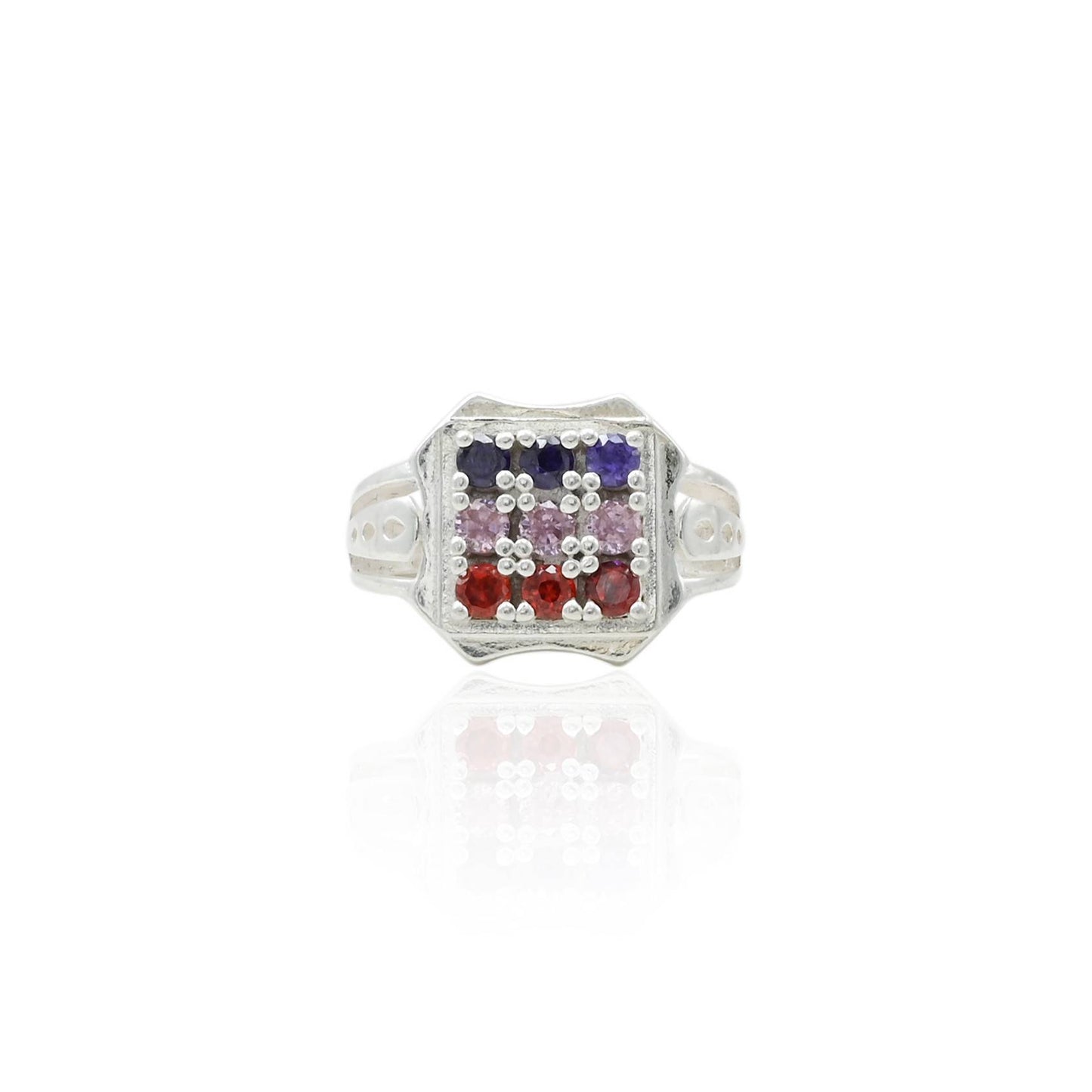 Attractive men's ring featuring a vibrant arrangement of multi-colored gemstones.