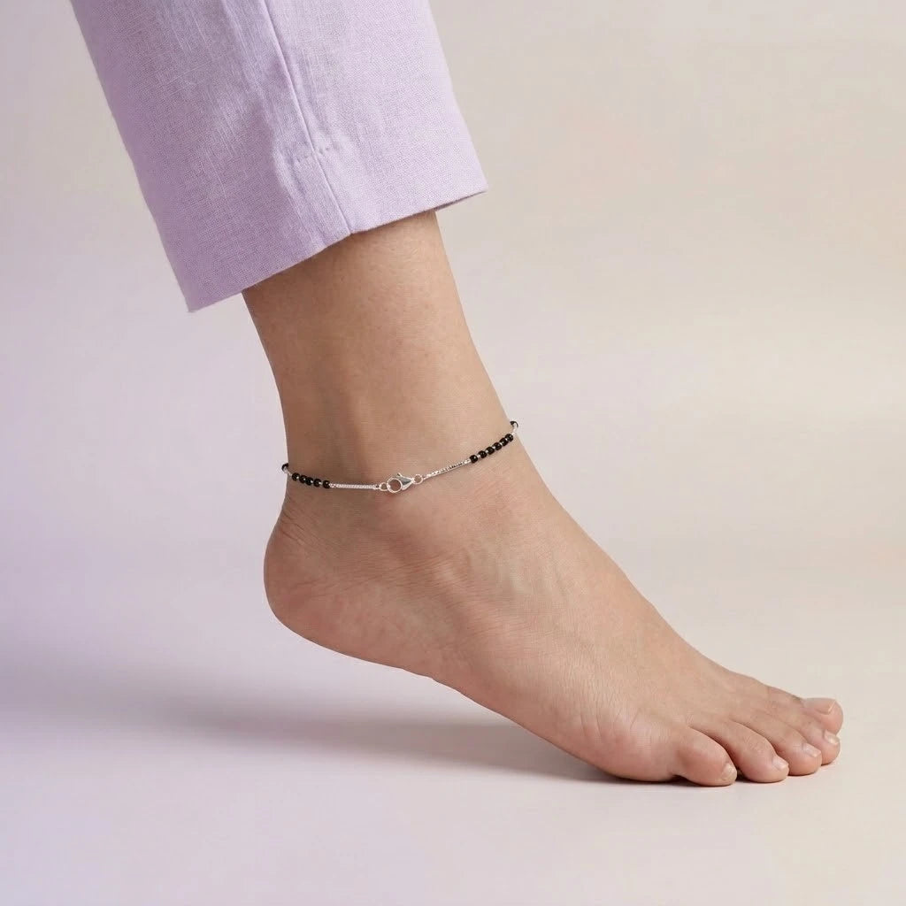 Sleek Nazariya Silver Anklet Black Beads Payal Set