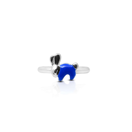 Close-up view of a sterling silver blue rabbit ring designed for babies, featuring a cute and playful rabbit design.