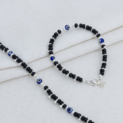 Black Beads & Blue Evil Eye Silver Baby Anklet