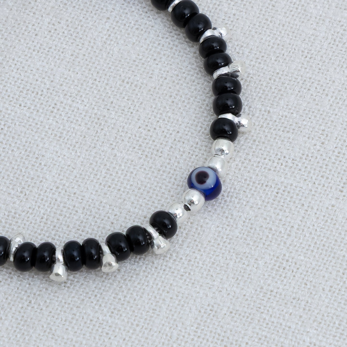 Black Beads & Blue Evil Eye Silver Baby Anklet
