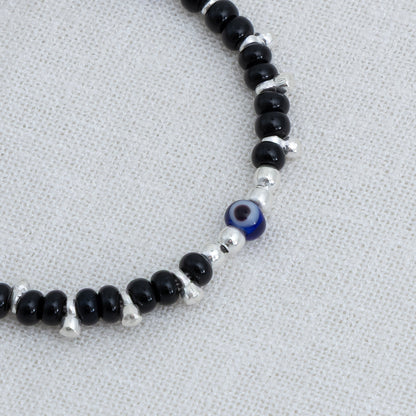 Black Beads & Blue Evil Eye Silver Baby Anklet